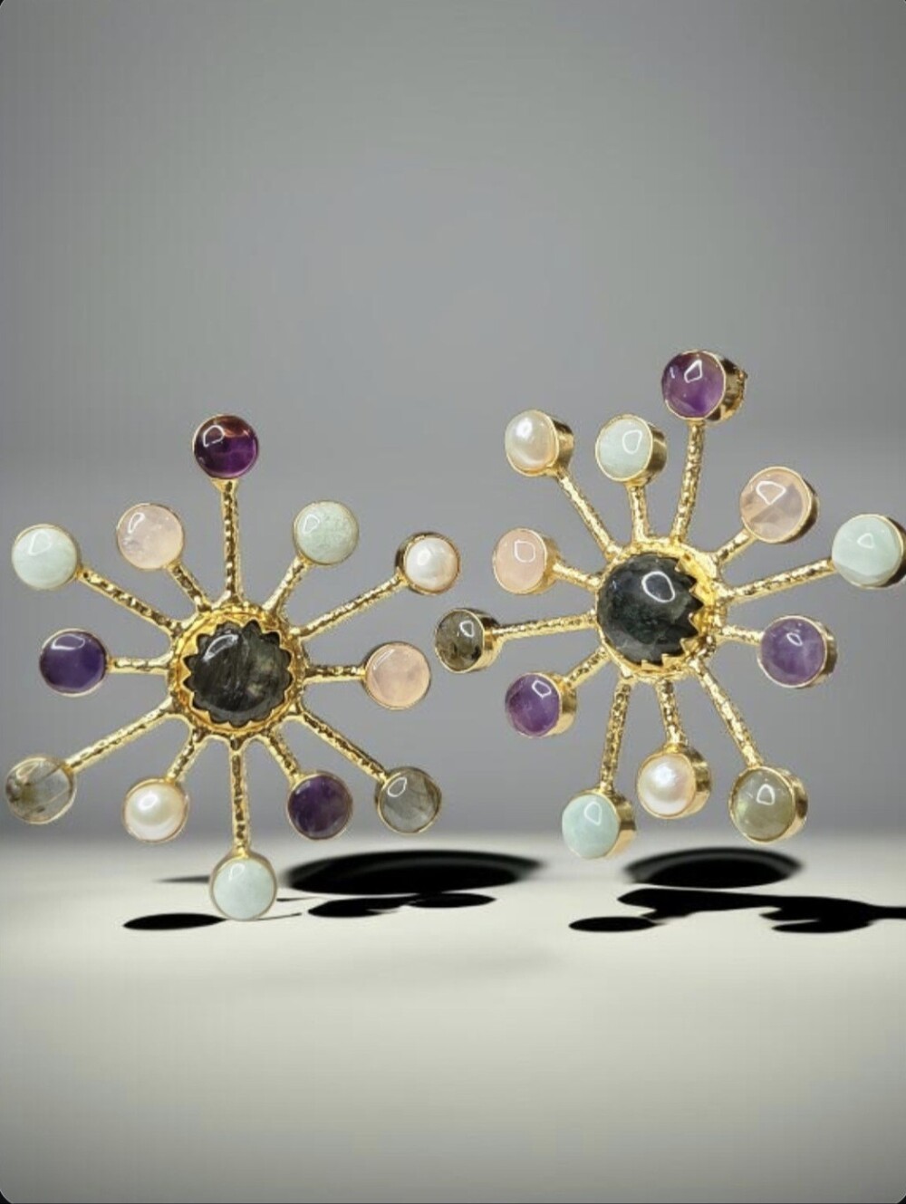 18k Gold Plated Turkish Artisan Huge Genuine Natural Gemstone Starburst Earrings